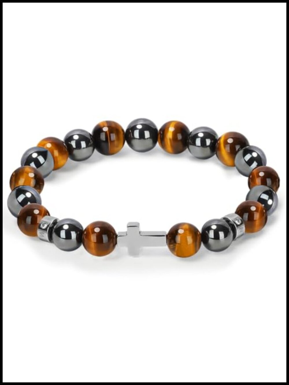 Men's Cross Bead Bracelet Natural Tiger Eye Hematite Stone Stainless Steel